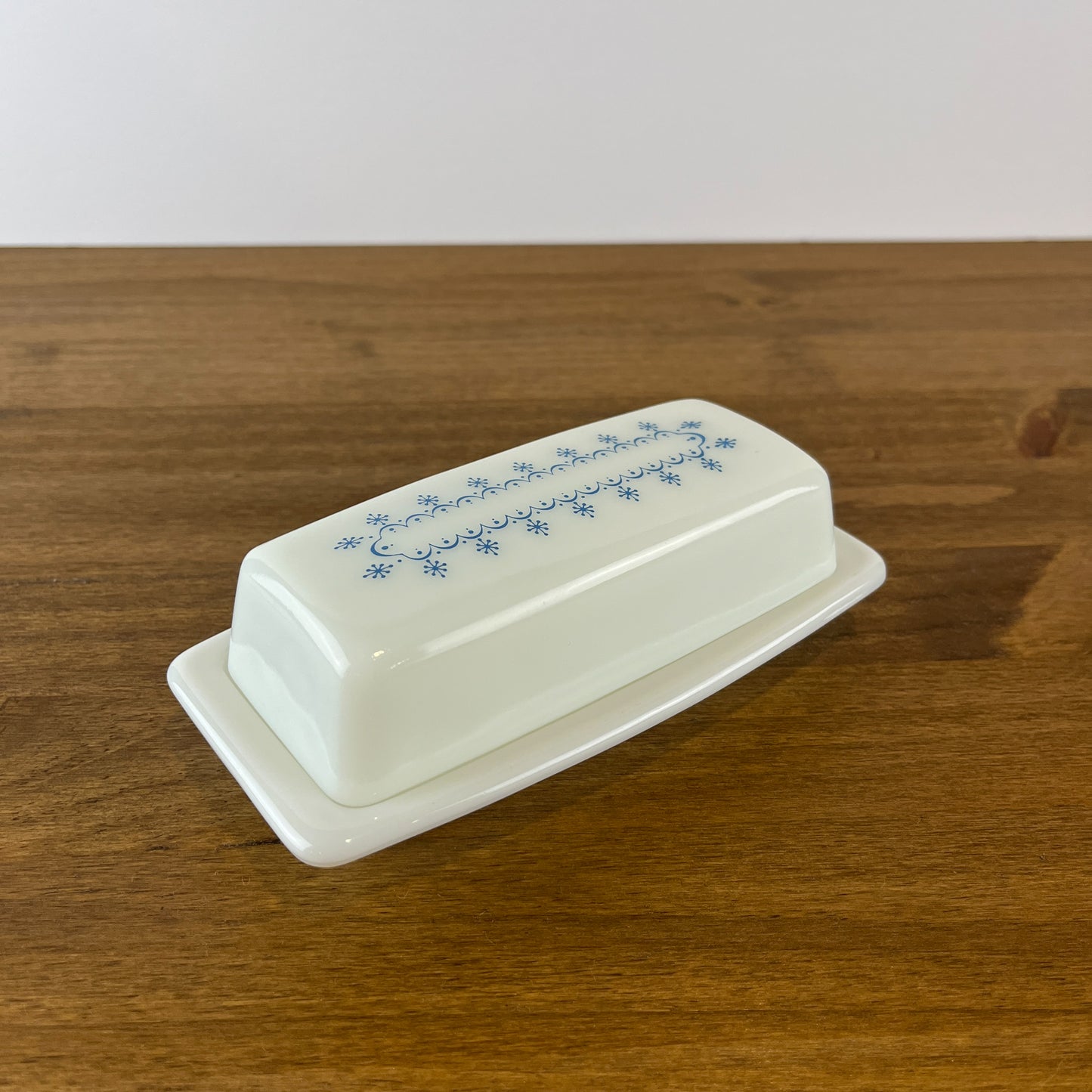 PYREX Milk Glass Butter Dish in Snowflake Blue Garland Print