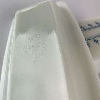 PYREX Milk Glass Butter Dish in Snowflake Blue Garland Print