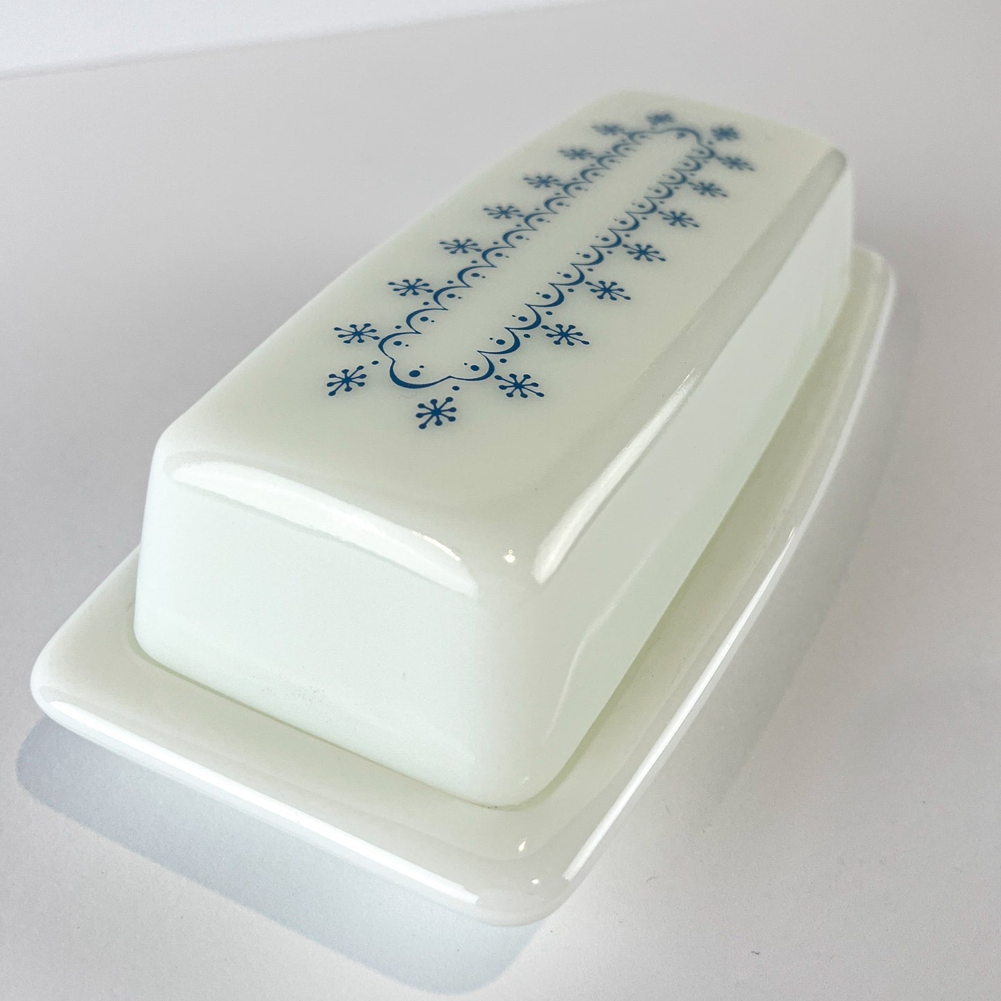 PYREX Milk Glass Butter Dish in Snowflake Blue Garland Print