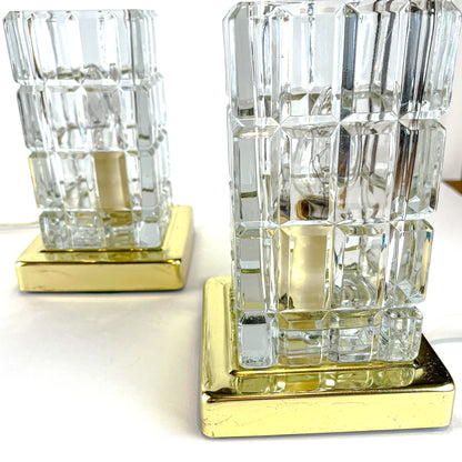 Mid Century Faceted Glass Crystal Block Table Lamps