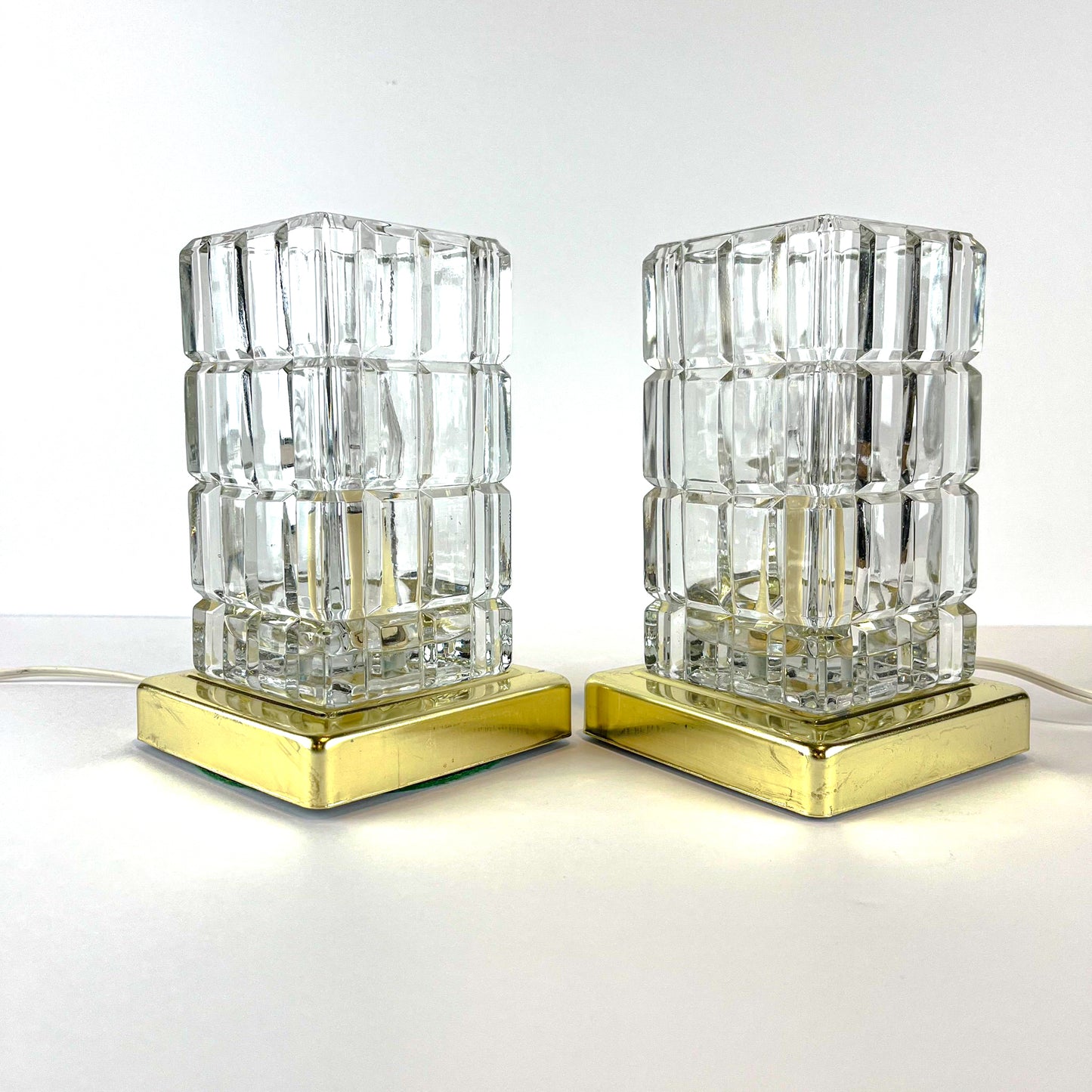 Mid Century Faceted Glass Crystal Block Table Lamps