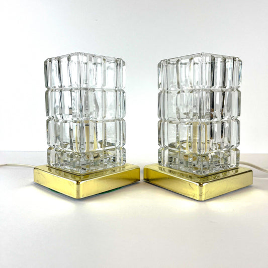 Mid Century Faceted Glass Crystal Block Table Lamps