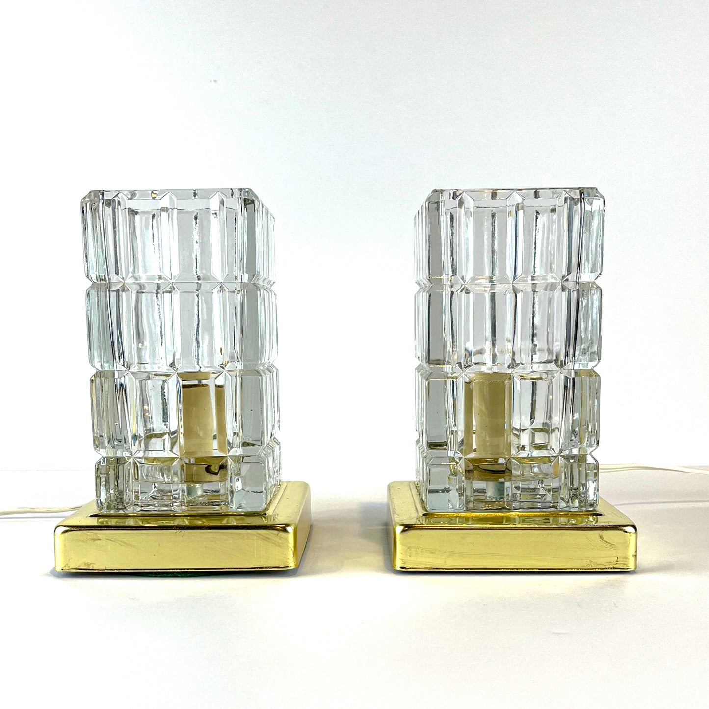 Mid Century Faceted Glass Crystal Block Table Lamps