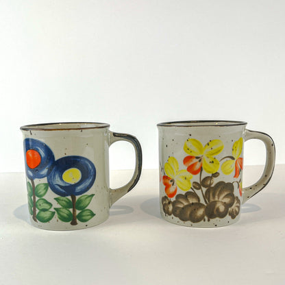 Mid Century Speckled Floral Stoneware Mugs - Set of 2